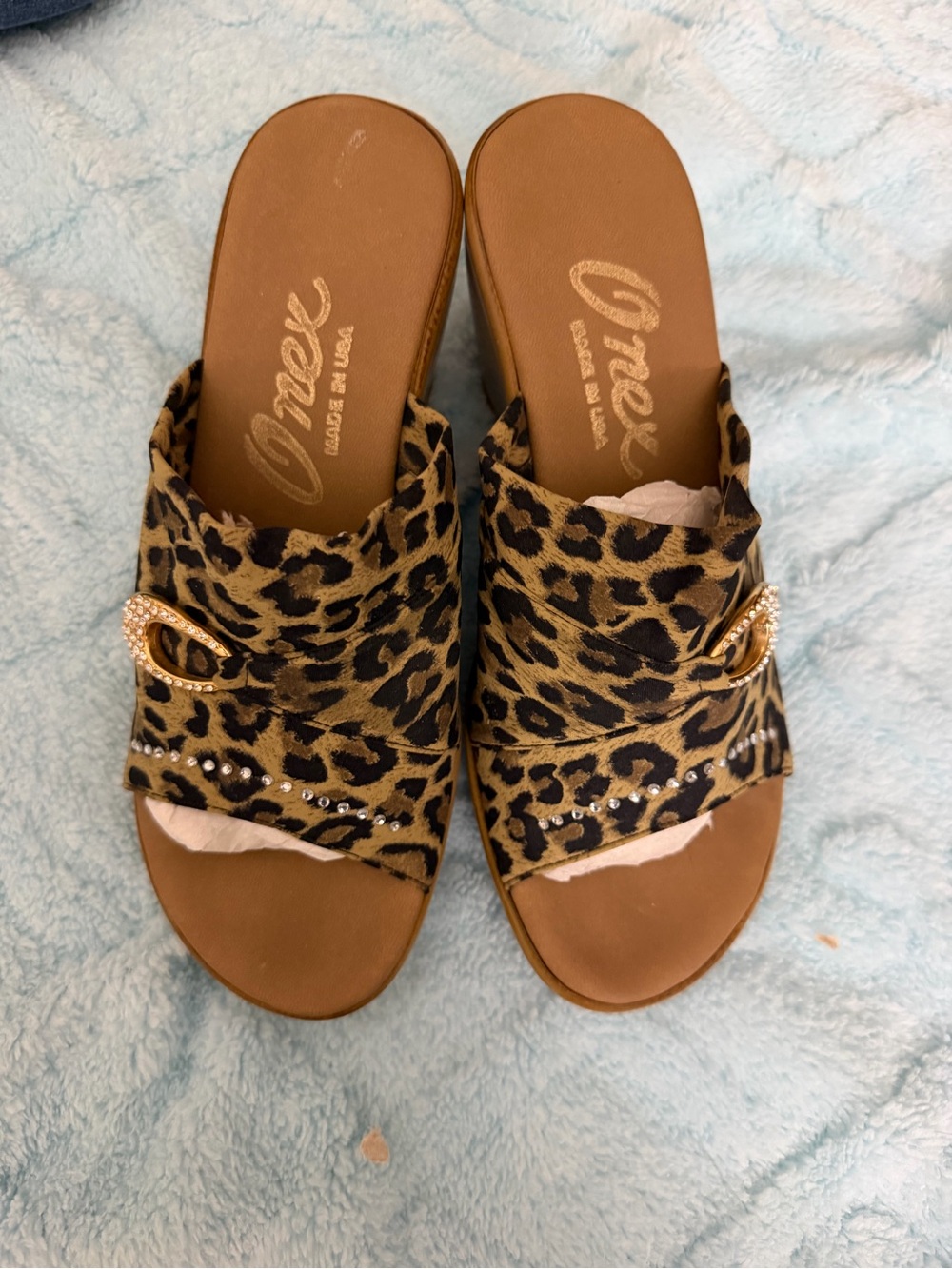 Onex Leopard Print Slide Mules with Rhinestone Accent - Tan/Black